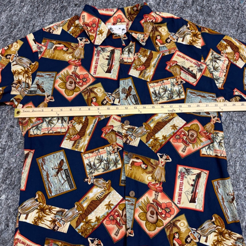 Howie Made in Hawaii Mens Large Postcard Print Cotton Aloha Shirt Navy Blue Vtg - Picture 3 of 9